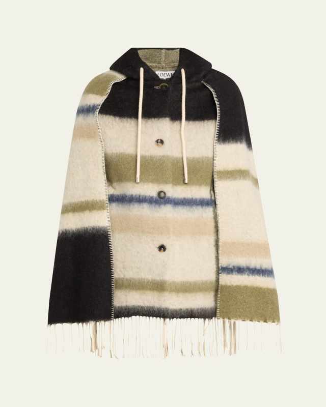 Stripe Hooded Mohair Wool Scarf Coat
